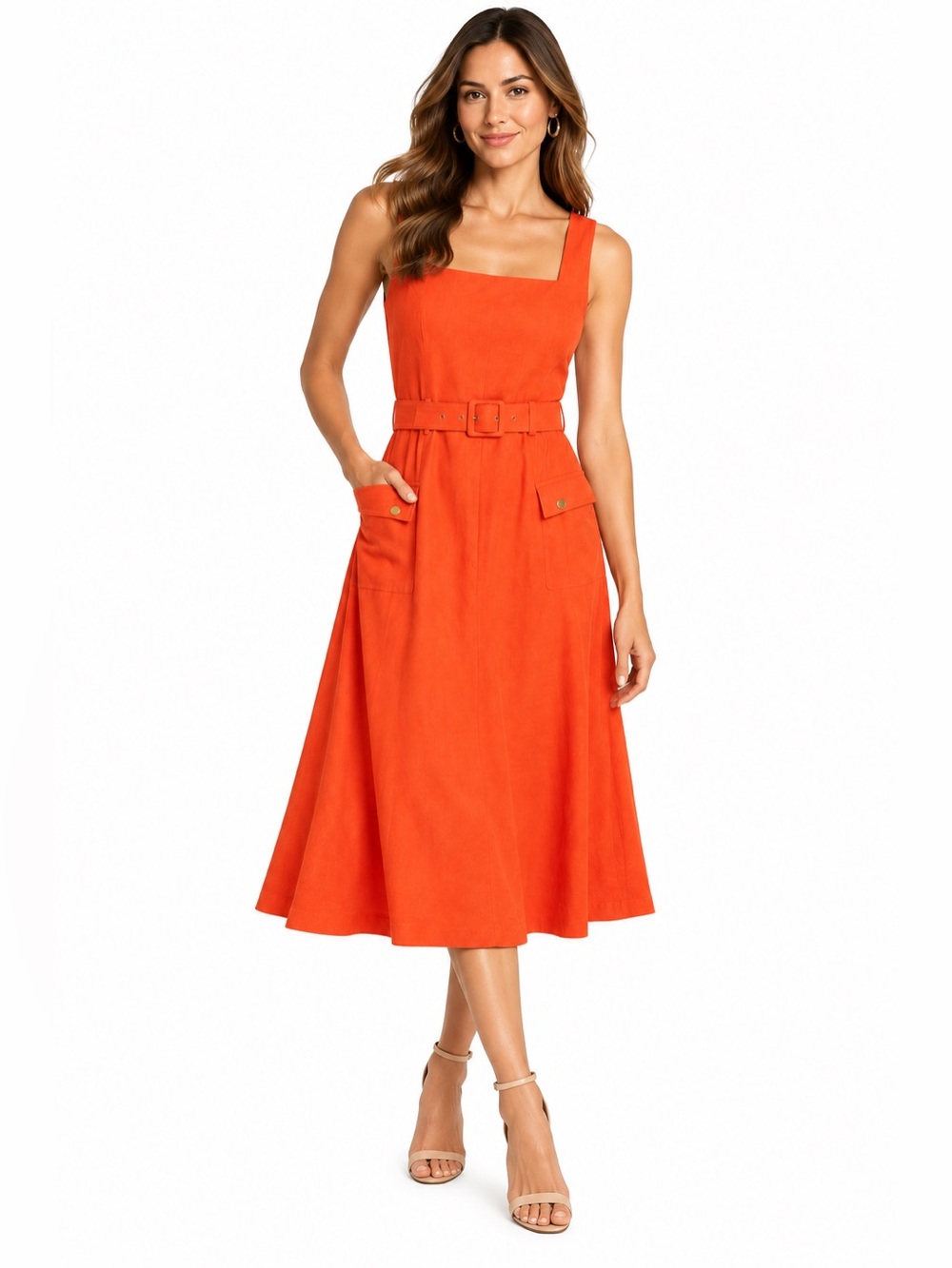 Tahari ASL Size 10 Clementine Orange Belted Linen Blend Midi Dress NWT $159